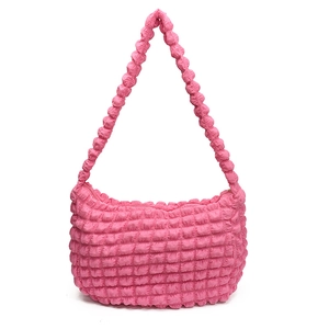 Hot pink puffy popcorn texture shoulder bag with soft pleated design for women