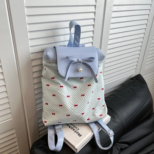 Sweet Preppy Small Backpack PU Leather Fabric Butterfly Bow Print Artificial Pearl Pendant Flip Cover Daily School Bags For Women