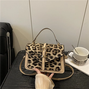 Leopard Print Small Square Bag For Women Fashion PU Leather Shoulder Crossbody Bag With Top Handle Metal Buckle Flap Commute Handbag