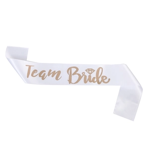 White satin Team Bride sash with gold foil lettering for bachelorette party accessories