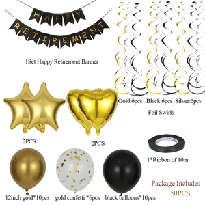 50pcs black and gold Happy Retirement party set with banner, balloons and swirls