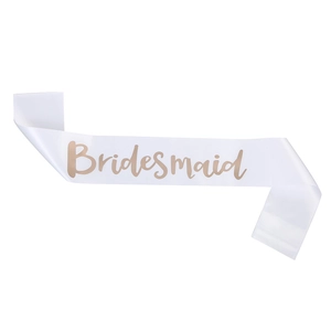 Elegant white satin bridesmaid sash with rose gold lettering for wedding party