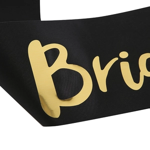 Black satin bridesmaid sash with elegant gold foil Bride lettering for wedding party