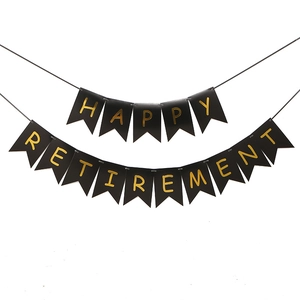 Black and gold Happy Retirement swallowtail banner for elegant party decorations