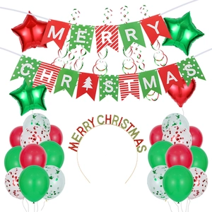 Merry Christmas party decoration set with red and green balloons, banner and headband