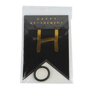 Black and gold Happy Retirement banner set with swallowtail cards and hanging ribbon