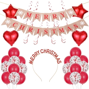 Merry Christmas party decor set with swallowtail banner and red star foil balloons