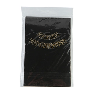 Black and gold Happy Retirement swallowtail bunting banner in transparent packaging