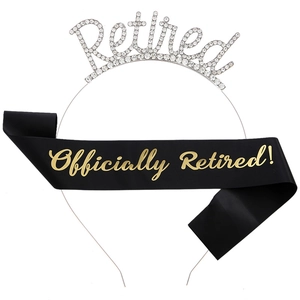 Close-up of sparkling silver Retired rhinestone headband and black satin ceremonial sash