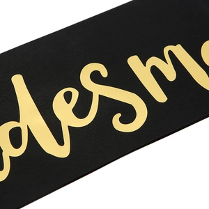 Elegant black satin bridesmaid sash with gold foil script lettering for wedding parties