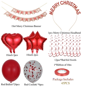 Detailed 45-piece Merry Christmas party set with banners, balloons, and festive headbands