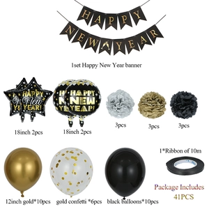 Detailed flat lay of 41pcs Happy New Year party decoration set in black gold and silver