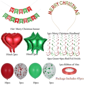 Detailed components of 45-piece Christmas party decoration set with balloons and banners