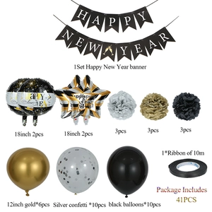 Detailed components of the 41-piece Happy New Year party decoration set in black and gold