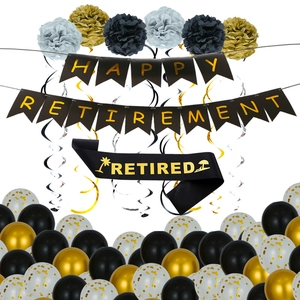 Kit de decoración para jubilación en negro y dorado con pancartas, banda y globos