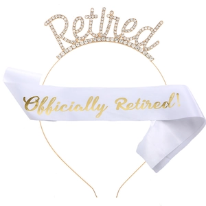 Retired party set with golden rhinestone tiara and white satin officially retired sash