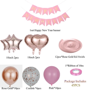 45-piece Happy New Year party set with rose gold balloons and swallowtail banner