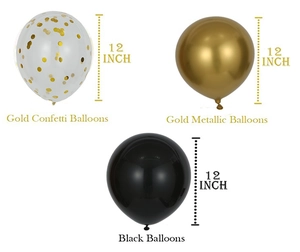 Three-piece set of 12-inch balloons in gold sequin, metallic gold, and solid black colors