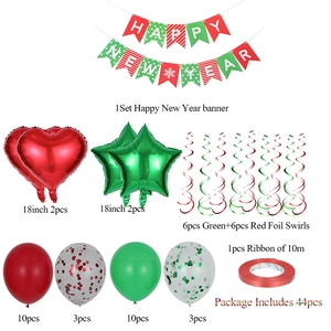 Detail of 44pcs Happy New Year party set with banners, heart and star foil balloons