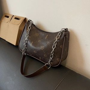 Braune Hobo-Tasche mit Monogramm, Cartoon-Prints und silberner Kette für Damen