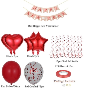 Detailed 44-piece set of red Happy New Year party banners, balloons and swirls decorations
