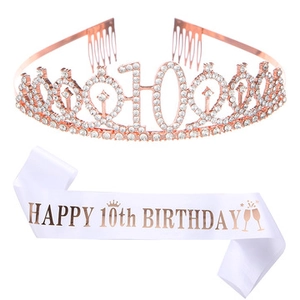Corona per il 10° compleanno in oro rosa con strass e fascia bianca coordinata in set
