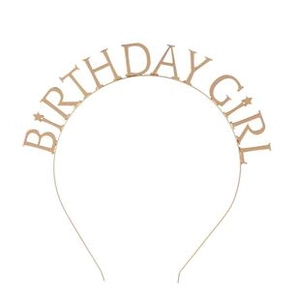 Detailed view of the Birthday Girl metal headband in light gold with star accents