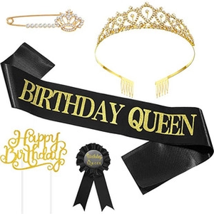 5-piece birthday girl set with black gold sash, tiara, cake topper, brooch, and medal