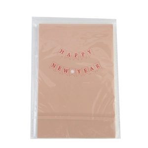 Detail showing the festive Happy New Year card inside a clear plastic packaging bag