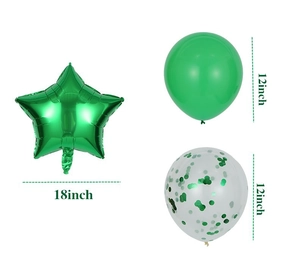 Detail view of green star foil balloon and confetti latex balloons for party decoration