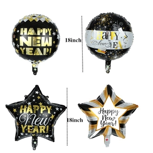 18-inch black and gold Happy New Year foil balloons with stars and fireworks