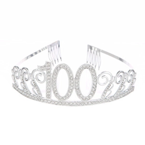 Silver 100th birthday tiara with rhinestones and side combs for 100 years celebration