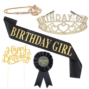 Set compleanno 5 pezzi con tiara di strass, fascia nera e topper per torta dorato