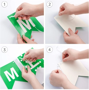Step-by-step assembly guide for Merry Christmas pennant banners with green paper flags