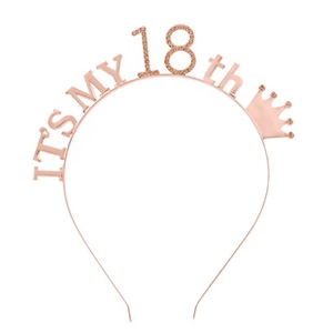 Close-up of rose gold It's My 18th birthday headband with a crown design