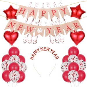 Complete Happy New Year party decoration set with red balloons and glitter headband