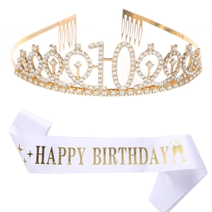 Goldenes Diadem zum 10. Geburtstag mit Strass und weißer Happy Birthday Schärpe Set