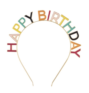 Détail du serre-tête HAPPY BIRTHDAY avec lettres colorées en émail sur monture dorée