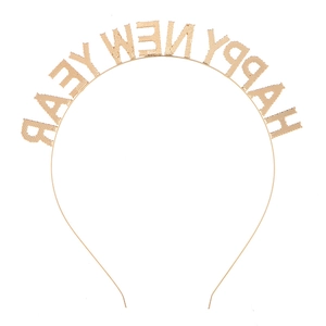Detail of gold glitter Happy New Year headband with a sturdy metal frame for party decor