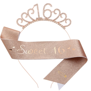 Kit d'anniversaire Sweet 16 or rose avec diadème en strass et écharpe pailletée