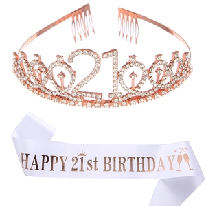 Tiara et Écharpe pour 21ème Anniversaire Or Rose Alliage Strass Couronne Bandoulière en Satin Accessoires de Décoration de Fête pour Femmes