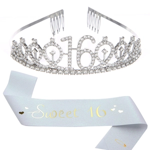 Glittery Sweet 16 birthday tiara and sash set with rhinestones and light blue satin fabric