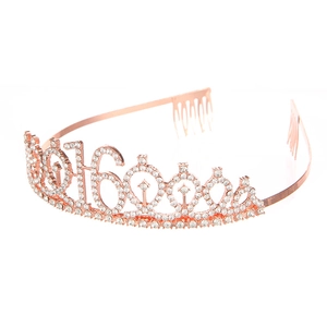 Tiara scintillante per 16esimo compleanno in oro rosa con strass e numero 16 decorato