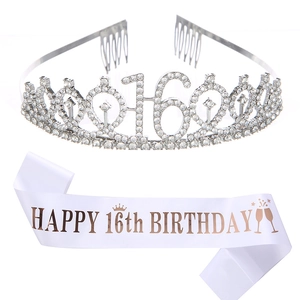 Tiara per il 16° compleanno in strass argento e fascia in raso bianco per decorazioni