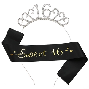 Accessoires de Fête d'Anniversaire Sweet 16 Diadème en Alliage de Strass et Écharpe en Satin Birthday Girl pour Femmes