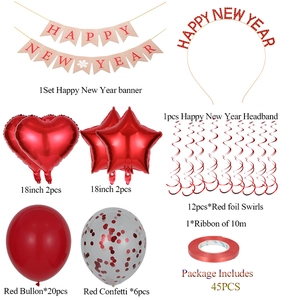 45-piece red Happy New Year party decoration set with banners, balloons and headbands