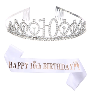 Silberne Krone zum 10. Geburtstag und weiße Satinschärpe mit Text in Roségold für Mädchen