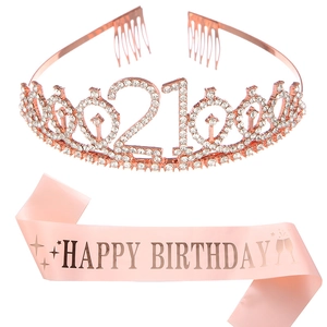 Ensemble diadème cristal 21 ans or rose et écharpe en satin rose Happy Birthday