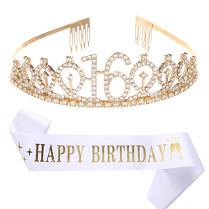 Corona dorata con strass numero 16 e fascia in raso bianco per festa di compleanno