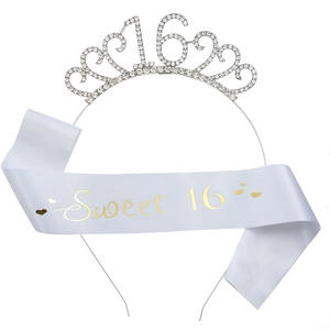 Ensemble d'anniversaire Sweet 16 avec tiare en strass et écharpe en satin bleu